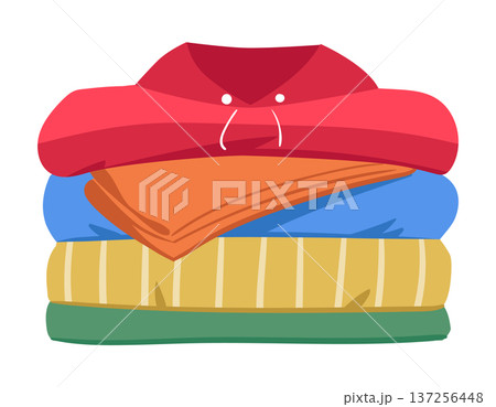 Clothing pile. Stacked clean laundry clothes, washed and dried clothes, laundry apparel flat vector illustration. Cartoon cotton clothing isolated on white 137256448