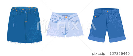 Denim clothes. Cartoon denim casual skirt and shorts, jeans garments flat vector illustration set. Jeans fabric clothing on white background 137256449
