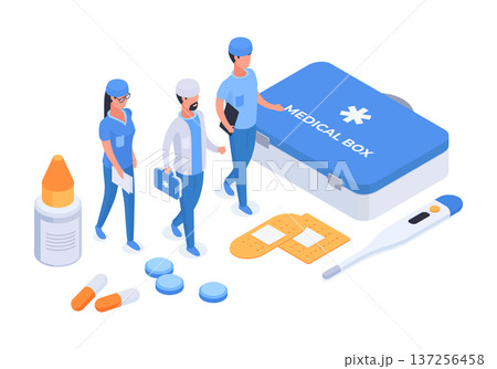 Isometric health care workers. Medical elements and hospital doctor characters, medical staff and health supplies 3d vector illustration. Healthcare medical scene Isometric health care workers. Medical elements and hospital doctor characters, medical staff and health supplies 3d vector illustration. Healthcare medical scene 137256458