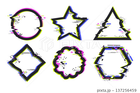 Noise glitch border frames. Abstract digital distortion borders, pixelated bad tv signal glitch effects flat vector illustration set. Glitch frames isolated on white Noise glitch border frames. Abstract digital distortion borders, pixelated bad tv signal glitch effects flat vector illustration set. Glitch frames isolated on white 137256459