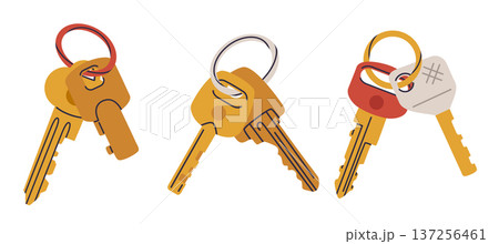 Simple door keys. Key bunches, golden apartment or house keys bunches flat vector illustration set. Cartoon real estate property keys isolated on white background 137256461