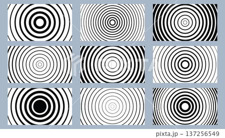 Set of nine monochrome halftone concentric circle backgrounds for cards or digital assets. Set of nine monochrome halftone concentric circle backgrounds for cards or digital assets. 137256549