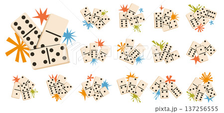 Set of colorful domino game tile compositions with retro starburst accents. Set of colorful domino game tile compositions with retro starburst accents. 137256555