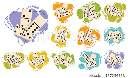 Set of game covers with ivory domino tile clusters on colorful abstract organic backgrounds. 137256558