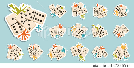 Set of retro-style domino stickers with colorful starburst accents. Set of retro-style domino stickers with colorful starburst accents. 137256559