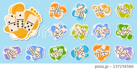 Set of domino sticker icons on colorful abstract backgrounds for games. 137256560