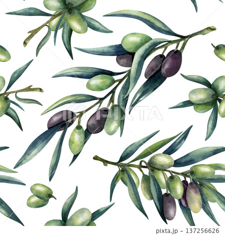 Watercolor olive branch seamless pattern. Green and dark olives, lush leaves. Healthy food, Mediterranean cuisine. Illustration isolated on transparent background for kitchen textile and packaging 137256626