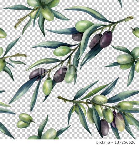 Watercolor olive branch seamless pattern. Green and dark olives, lush leaves. Healthy food, Mediterranean cuisine. Illustration isolated on transparent background for kitchen textile and packaging 137256626