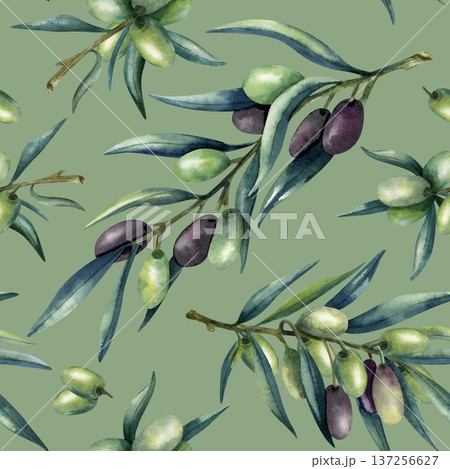 Watercolor olive branch seamless pattern on green background. Concept healthy food, Mediterranean cuisine. Isolated illustration for textiles, kitchen decor, packaging, stationery, organic packaging 137256627