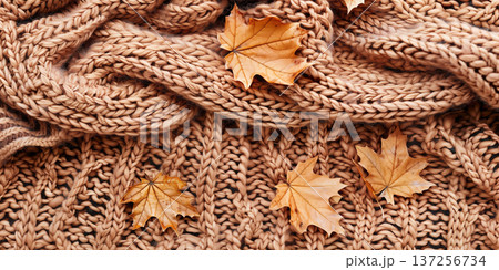 Cozy autumn interior with warm textures and fallen leaves on knitted fabric 137256734