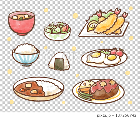 手繪水彩食物及餐點插畫集。含日式料理及配菜（飯糰、炸蝦、蛋餅等）、菜單及食譜。 137256742