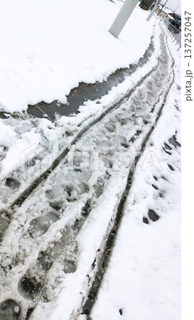 Sidewalk. Melting snow on the ground. Sidewalk. Melting snow on the ground. 137257047