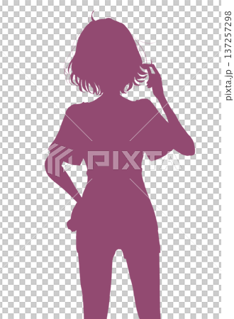 Woman in short sleeves and shorts playing with her hair silhouette 137257298