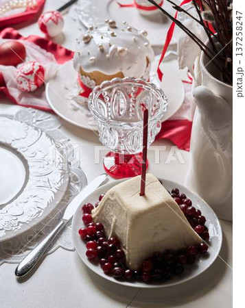 Charming dessert presentation on festive table with decor Charming dessert presentation on festive table with decor 137258247