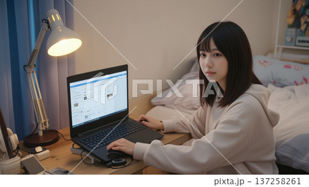 夜にパソコンをする女性 137258261