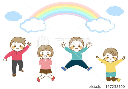 ジャンプする子どもたちと虹 137258500