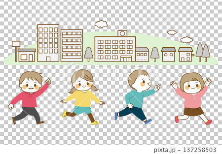 孩子們精力充沛地奔跑著，以及城市景觀。 137258503