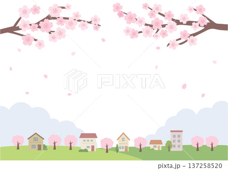春の背景イラスト　春のバナーイラスト　桜と街並みの風景 137258520