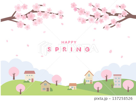 春の背景イラスト　春のバナーイラスト　桜と街並みの風景 137258526