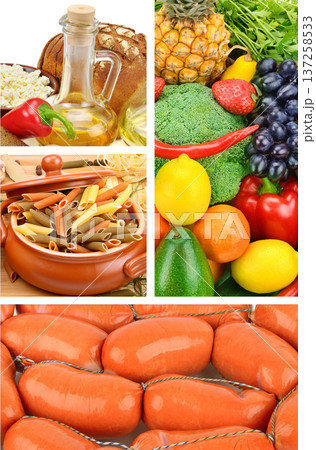 Large food collage with healthy produce, pasta, and meat products. Large food collage with healthy produce, pasta, and meat products. 137258533