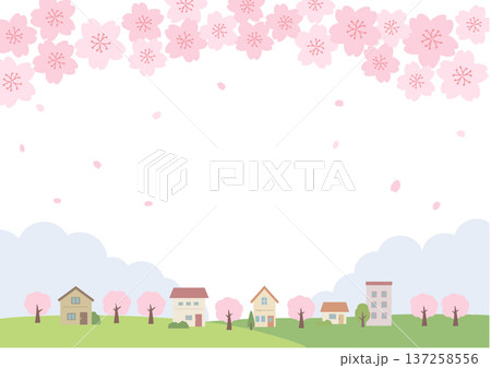 春の背景イラスト 春のバナーイラスト 桜と街並みの風景 建物 家 春の背景イラスト 春のバナーイラスト 桜と街並みの風景 建物 家 137258556