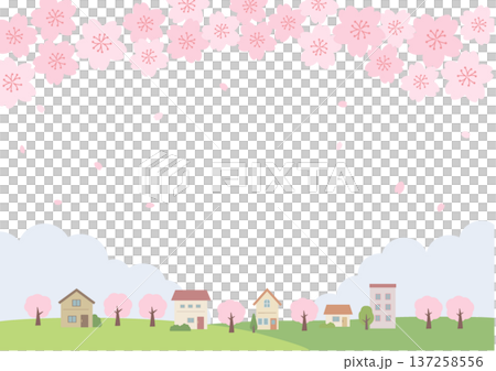 春の背景イラスト 春のバナーイラスト 桜と街並みの風景 建物 家 春の背景イラスト 春のバナーイラスト 桜と街並みの風景 建物 家 137258556