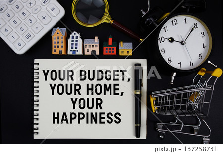 Notepad with the phrase "Your Budget, Your Home, Your Happiness" surrounded by a pen, calculator, magnifying glass, clock, mini trolley shopping cart and house model Notepad with the phrase "Your Budget, Your Home, Your Happiness" surrounded by a pen, calculator, magnifying glass, clock, mini trolley shopping cart and house model 137258731