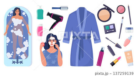 Bathroom accessories and Decorative cosmetics. Cute hygiene and beauty items and furniture, woman spa accessories. Vector illustration. 137259139