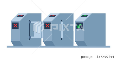 Turnstile. Subway station or airport security element. Entrance gates. Access control equipment. Vector illustration. 137259144