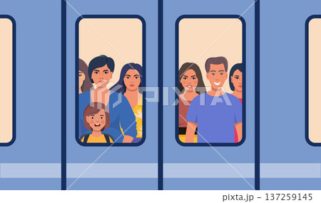 Crowded subway train. Commuters inside busy subway in rush hour. People behind window door. Overcrowded metro train, public transport. Vector illustration Crowded subway train. Commuters inside busy subway in rush hour. People behind window door. Overcrowded metro train, public transport. Vector illustration 137259145