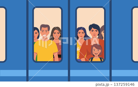 Crowded subway train. Commuters inside busy subway in rush hour. People behind window door. Overcrowded metro train, public transport. Vector illustration Crowded subway train. Commuters inside busy subway in rush hour. People behind window door. Overcrowded metro train, public transport. Vector illustration 137259146