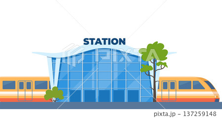 Modern Railway Station Building, train, cars and people. Yellow taxi car. Passenger with suitcase goes to the taxi. Travelling by train concept. Vector illustration Modern Railway Station Building, train, cars and people. Yellow taxi car. Passenger with suitcase goes to the taxi. Travelling by train concept. Vector illustration 137259148