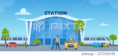 Modern Railway Station Building, train, cars and people. Yellow taxi car. Passenger with suitcase goes to the taxi. Travelling by train concept. Vector illustration Modern Railway Station Building, train, cars and people. Yellow taxi car. Passenger with suitcase goes to the taxi. Travelling by train concept. Vector illustration 137259149