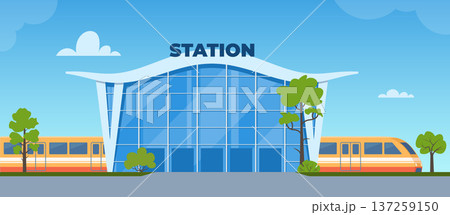 Modern Railway Station Building, train, cars and people. Yellow taxi car. Passenger with suitcase goes to the taxi. Travelling by train concept. Vector illustration 137259150