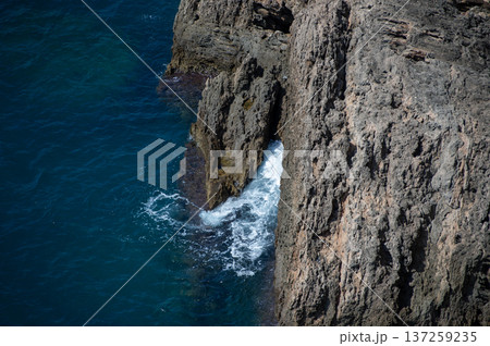 Waves and Rocky Sea Cliffs on Mediterranean Sea Waves and Rocky Sea Cliffs on Mediterranean Sea 137259235