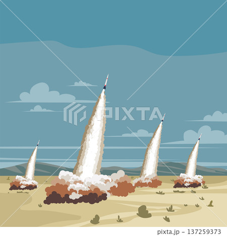 Ballistic Missile Launches Trail Over Desert Landscape. 137259373