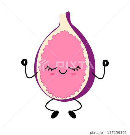 Adorable smiling fig mascot in tranquil pose featuring soft pastel colors and simple line art 137259391