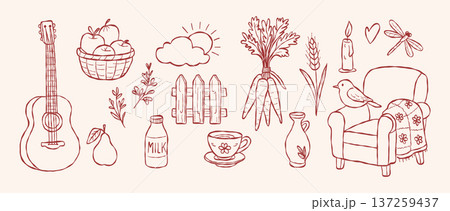 Cozy cottagecore lifestyle vector set with acoustic guitar apples fresh milk and armchair in hand drawn doodle line art style for rustic home branding design 137259437