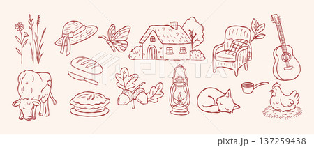 Rustic cottagecore farm vector set with homemade pie bread cow hen and cottage house in hand drawn doodle line art style for organic bakery branding design Rustic cottagecore farm vector set with homemade pie bread cow hen and cottage house in hand drawn doodle line art style for organic bakery branding design 137259438