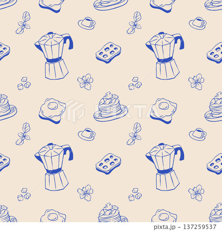 Seamless pattern with coffee, waffles and egg. Outline print of breackfast sketches Seamless pattern with coffee, waffles and egg. Outline print of breackfast sketches 137259537