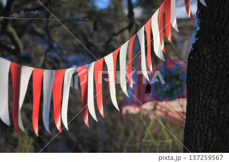 Red and white festive bunting flags hanging on a string in a sunny park during a winter celebration. 137259567
