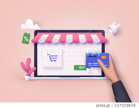 Online shopping.Design graphic elements, signs, symbols. Mobile marketing and digital marketing. 3D Web Vector Illustrations. 137259678