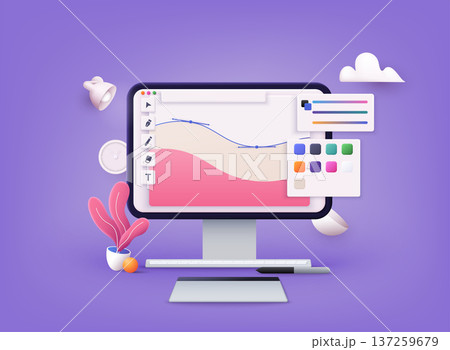 Computer display with vector design program. 3D Web Vector Illustrations. 137259679