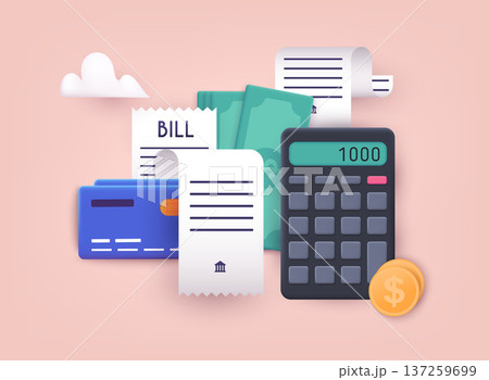Pay bills and tax. Bills, credit cards and calculator. Home finance and taxes. Payments concept. 3D Web Vector Illustrations. Pay bills and tax. Bills, credit cards and calculator. Home finance and taxes. Payments concept. 3D Web Vector Illustrations. 137259699