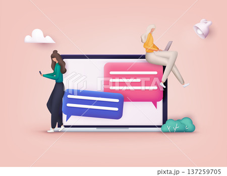 Women use mobile smartphone and laptop for chatting in social media. 3D Web Vector Illustrations. Women use mobile smartphone and laptop for chatting in social media. 3D Web Vector Illustrations. 137259705