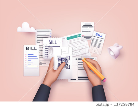 Hands holding Paying bills and pencil. Payment of utility, bank, restaurant and other. 3D Web Vector Illustrations. 137259794