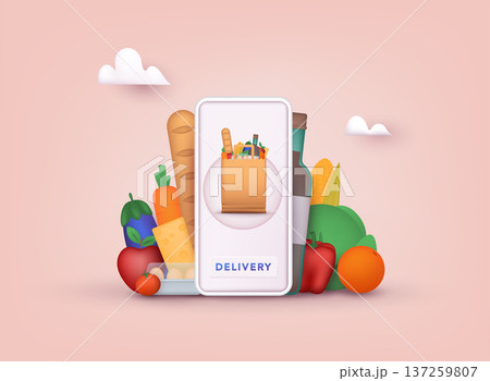Online grocery shopping. Delivery service. Online ordering of food, grocery delivery, e-commerce. 3D Vector Illustrations. 137259807