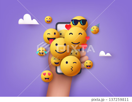 Emoji different kinds of emoticons design with mobile phone. 3d vector emotion concept. Emoji different kinds of emoticons design with mobile phone. 3d vector emotion concept. 137259811
