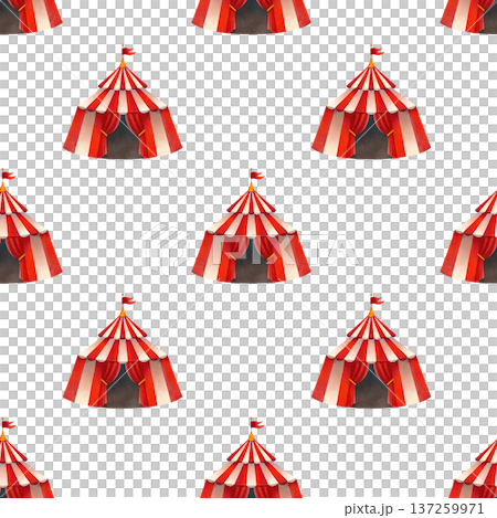 Seamless pattern with a bright circus tent. Hand drawn watercolor illustration for children. 137259971