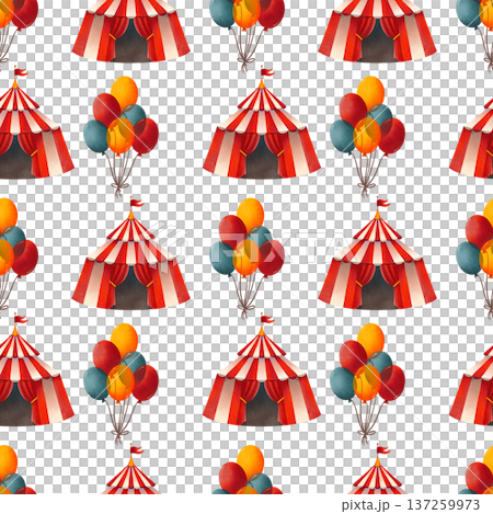 Seamless pattern with colorful balloons and a circus tent, hand drawn in watercolor style. 137259973